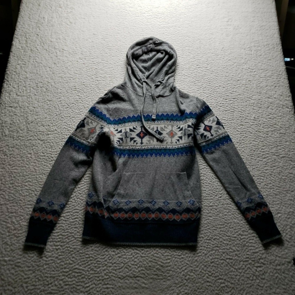 American Eagle Outfitters Sweater Mens Small Gray Hooded Fair Isle Knit Pullover